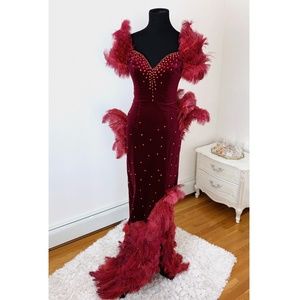 Scarlett Burgundy Velvet Ostrich Feather Gown